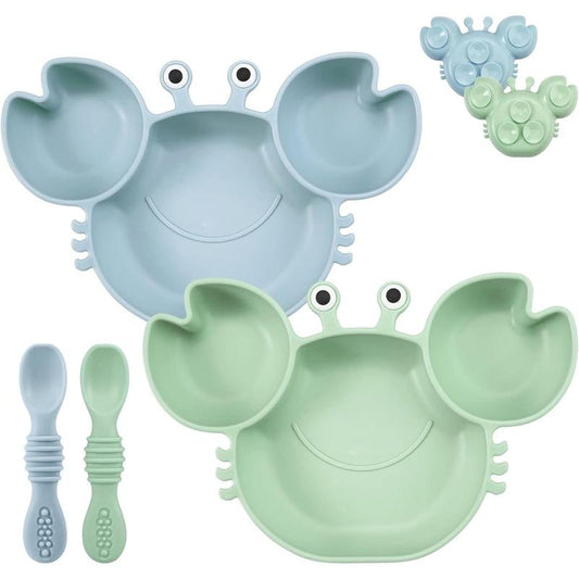 2 Pack Silicone Suction Plate for Baby, Divided Unbreakable Toddler Food Plate with 2 Pack Spoons for Self Feeding, Toddler Utensils Feeding Set Baby Eating Supplies, Crab Shape -Blue&Green Kid Toddler Baby