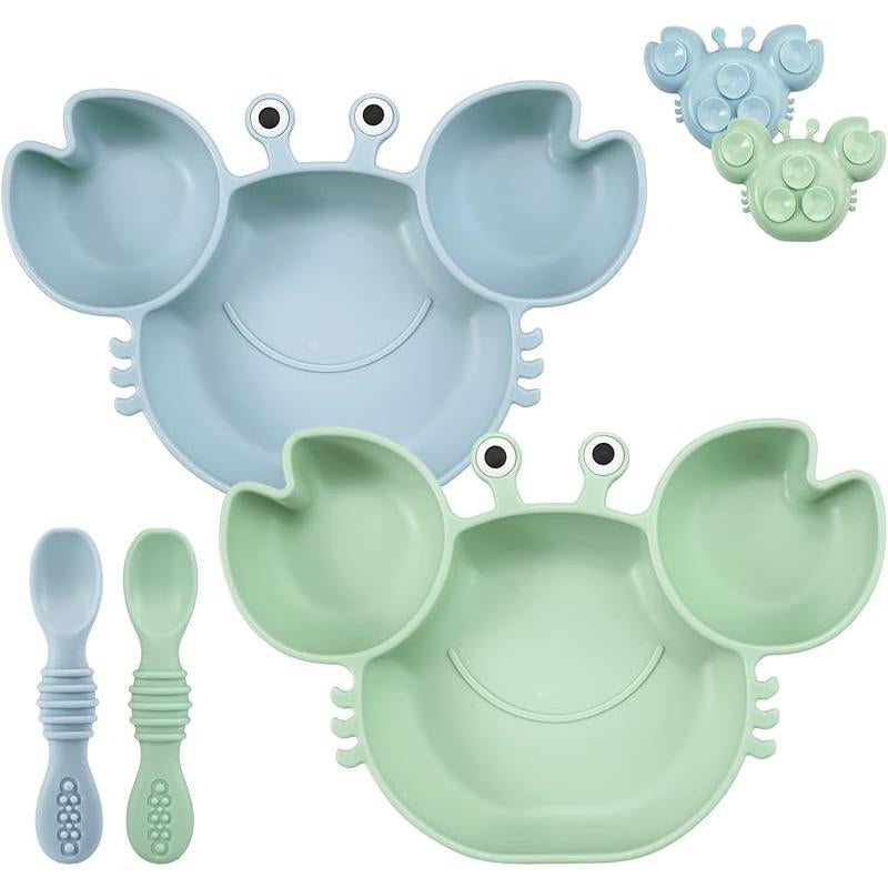 2 Pack Silicone Suction Plate for Baby, Divided Unbreakable Toddler Food Plate with 2 Pack Spoons for Self Feeding, Toddler Utensils Feeding Set Baby Eating Supplies, Crab Shape -Blue&Green Kid Toddler Baby