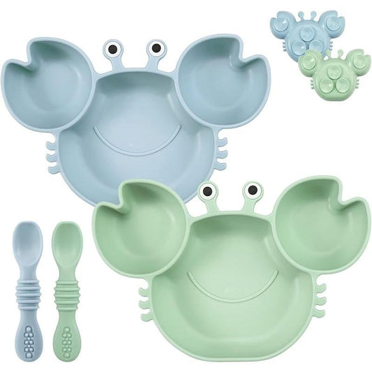2 Pack Silicone Suction Plate for Baby, Divided Unbreakable Toddler Food Plate with 2 Pack Spoons for Self Feeding, Toddler Utensils Feeding Set Baby Eating Supplies, Crab Shape -Blue&Green Kid Toddler Baby
