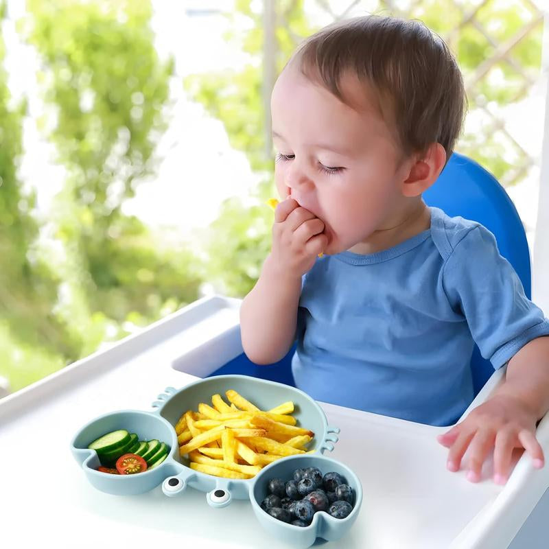 2 Pack Silicone Suction Plate for Baby, Divided Unbreakable Toddler Food Plate with 2 Pack Spoons for Self Feeding, Toddler Utensils Feeding Set Baby Eating Supplies, Crab Shape -Blue&Green Kid Toddler Baby