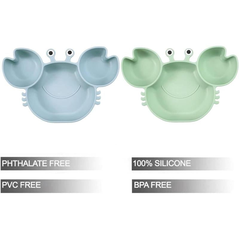 2 Pack Silicone Suction Plate for Baby, Divided Unbreakable Toddler Food Plate with 2 Pack Spoons for Self Feeding, Toddler Utensils Feeding Set Baby Eating Supplies, Crab Shape -Blue&Green Kid Toddler Baby