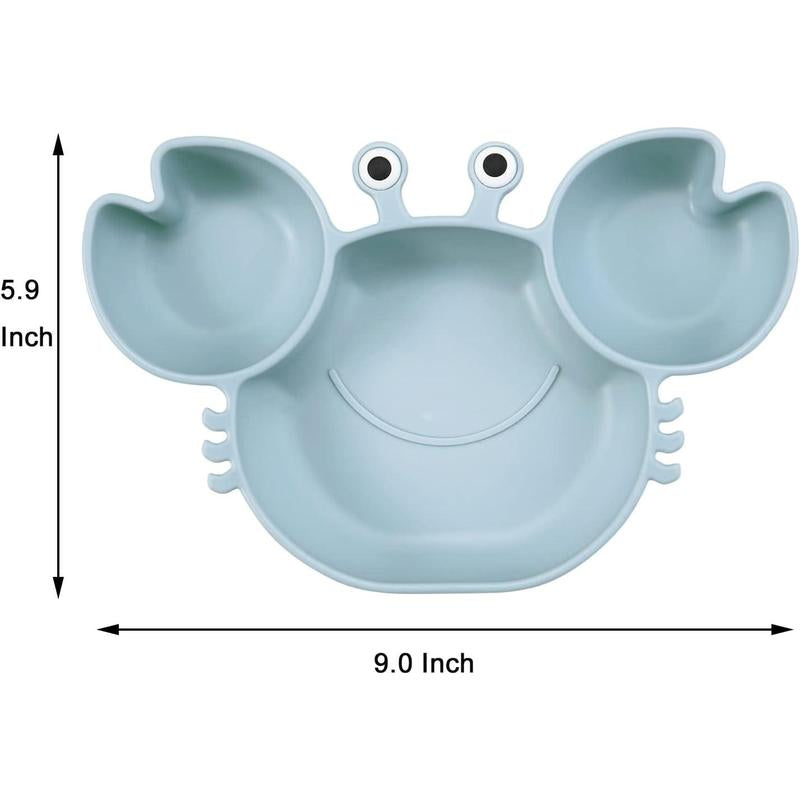2 Pack Silicone Suction Plate for Baby, Divided Unbreakable Toddler Food Plate with 2 Pack Spoons for Self Feeding, Toddler Utensils Feeding Set Baby Eating Supplies, Crab Shape -Blue&Green Kid Toddler Baby