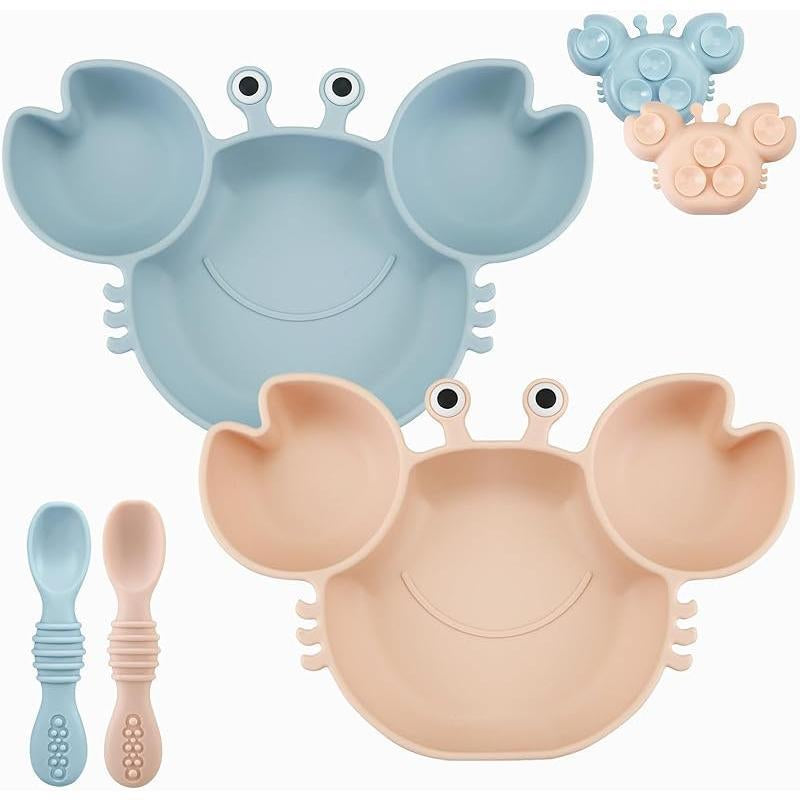 2 Pack Silicone Suction Plate for Baby, Divided Unbreakable Toddler Food Plate with 2 Pack Spoons for Self Feeding, Toddler Utensils Feeding Set Baby Eating Supplies, Crab Shape -Blue&Green Kid Toddler Baby